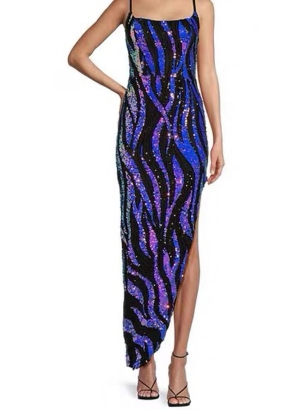 NWT Blue sequin backless slip dress with asymmetrical hem, for wedding and dance